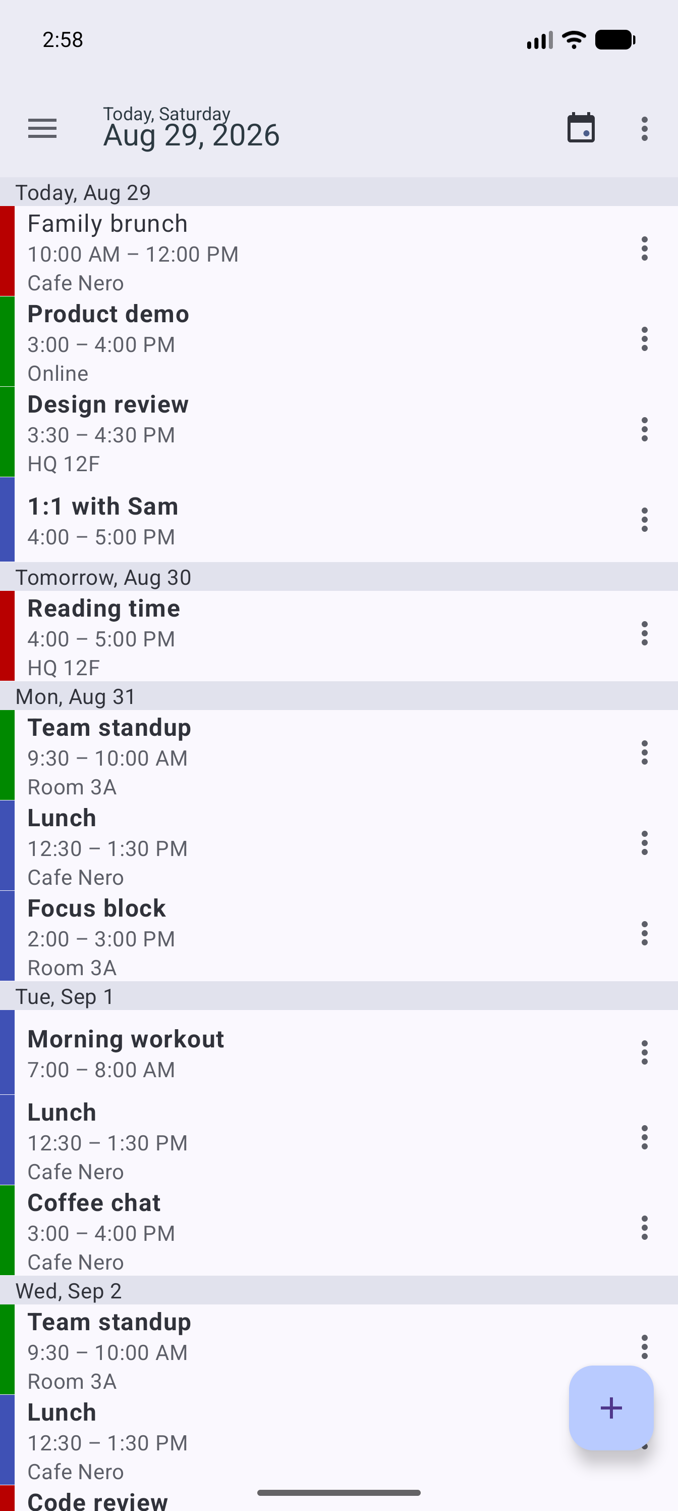 Agenda view &mdash; a scrolling list of upcoming events