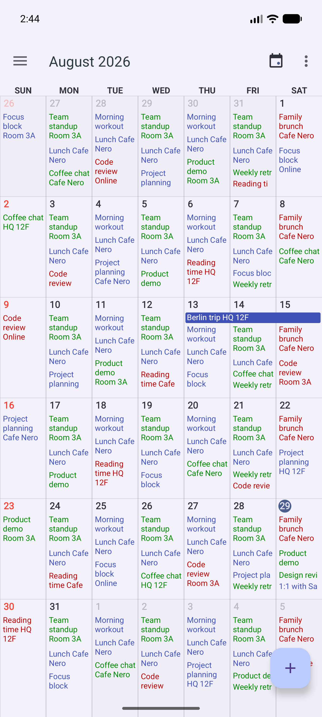Month view &mdash; a full month grid with colored events