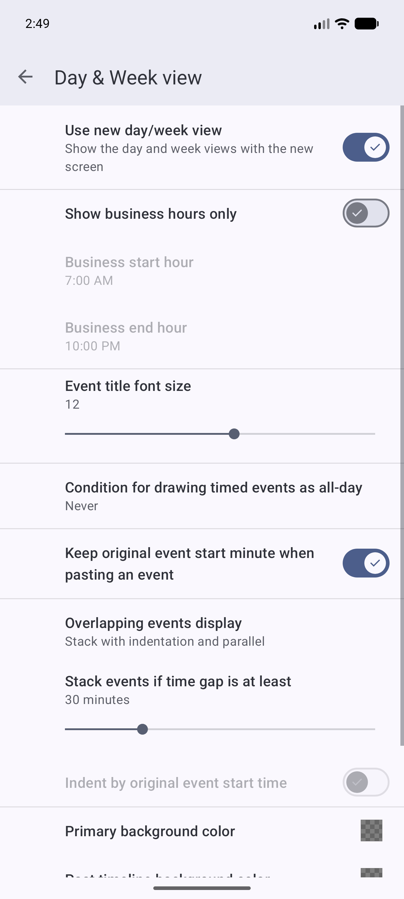 Day and week view settings &mdash; hours range and event display options